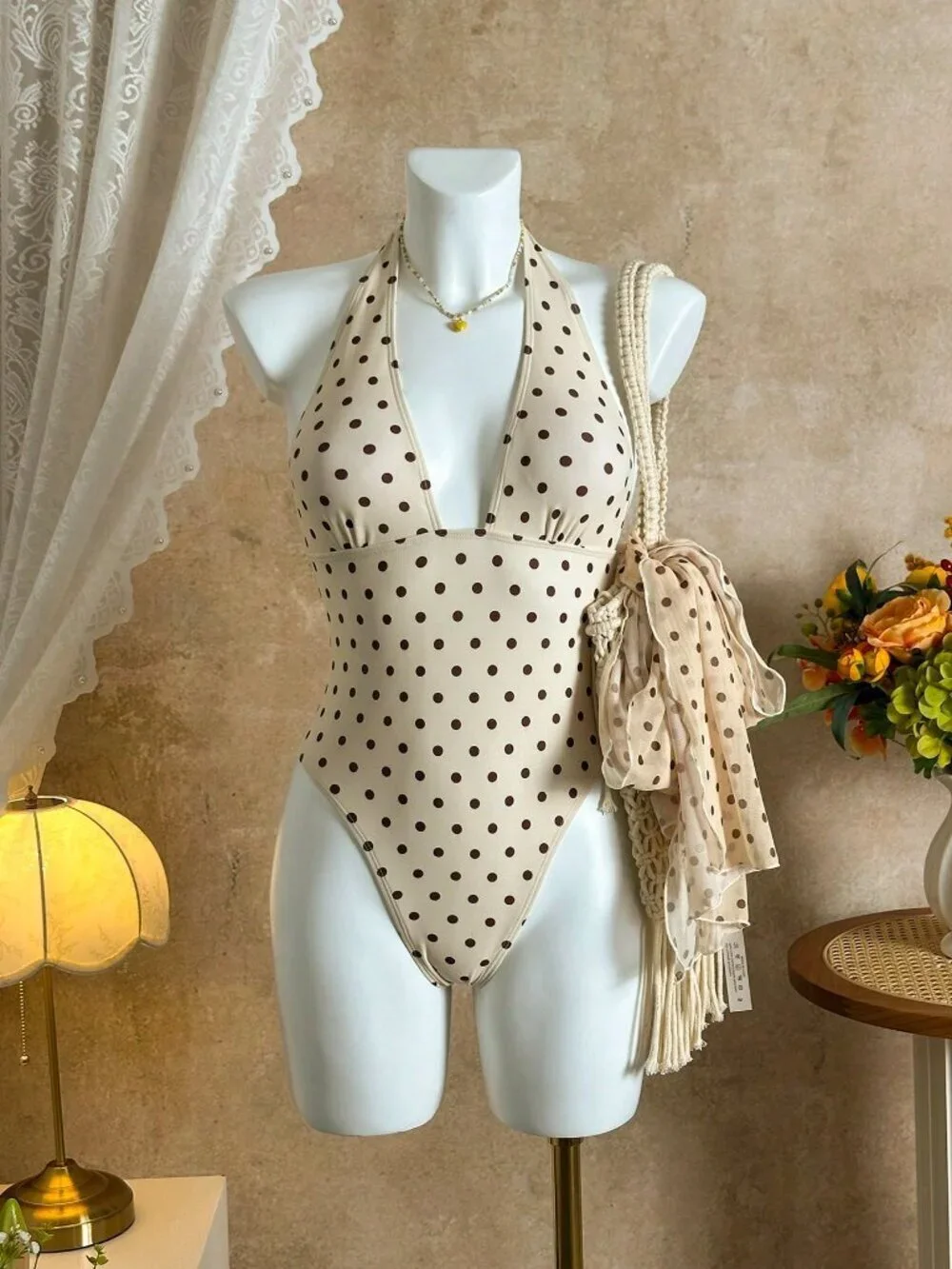 Apricot Sexy Women's Polka Dot Backless Wrap Two-Piece Swimsuit